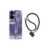 Kılıfland Tecno Camon 19 Pro ile Uyumlu Ipli Boyun Askılı Desenli Silikon Kılıf, Kız ve Ejderha Temalı, Mor
