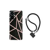 Kılıfland Tecno Camon 19 Pro ile Uyumlu Kılıf, İpli Boyun Askılı, Silikon, Pembe Şeritli Mermer Desenli