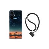 Kılıfland Tecno Camon 19 Pro ile Uyumlu Silikon Kılıf, İpli Boyun Askılı, Ay ve Kız Desenli, Siyah
