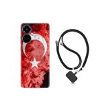Kılıfland Tecno Camon 19 Pro ile Uyumlu Silikon Kılıf, İpli Boyun Askılı, Türk Bayrağı Desenli, Kırmızı