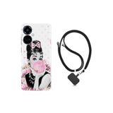 Kılıfland Tecno Camon 19 Pro Kılıf, İpli Boyun Askılı, Desenli Silikon, Audrey Glue, Beyaz