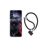 Kılıfland Tecno Pova 3 ile Uyumlu Ipli Boyun Askılı Desenli Silikon Kılıf, Super Cat, Siyah