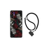 Kılıfland Tecno Pova 3 ile Uyumlu Ipli Boyun Askılı Silikon Kılıf, Skull Rose Desenli, Siyah