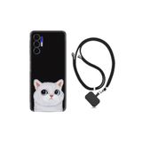 Kılıfland Tecno Pova 3 ile Uyumlu İpli Boyun Askılı Silikon Kılıf, White Cat Desenli