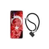 Kılıfland Tecno Pova 3 ile Uyumlu Ipli Boyun Askılı Türk Bayrağı Desenli Silikon Kılıf, Kırmızı