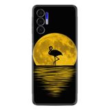 Kılıfland Tecno Pova 3 ile Uyumlu Silikon Kılıf, Ay ve Flamingo Desen, Siyah