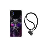 Kılıfland Tecno Pova 3 ile Uyumlu Silikon Kılıf, İpli Boyun Askılı, Desenli, Carisma Cat, Renkli