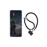 Kılıfland Tecno Pova 3 ile Uyumlu Silikon Kılıf, İpli Boyun Askılı, Desenli Warrior, Siyah