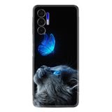Kılıfland Tecno Pova 3 ile Uyumlu Silikon Kılıf, Platinium Series, Kedi Kelebek Desenli, Siyah
