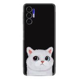 Kılıfland Tecno Pova 3 ile Uyumlu Silikon Kılıf, Platinium Series, Resimli Desenli, Beyaz Kedi, Siyah