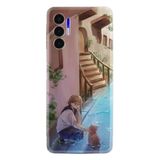 Kılıfland Tecno Pova 3 ile Uyumlu Silikon Kılıf, Platinium Series, Resimli Desenli, Kız ve Kedi, Renkli