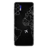 Kılıfland Tecno Pova 3 ile Uyumlu Silikon Kılıf, Platinium Series, Resimli Desenli, Siyah, Dünya Haritası ve Uçak