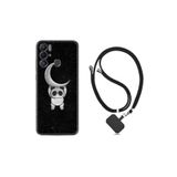 Kılıfland Tecno Pova Neo ile Uyumlu Silikon Kılıf, İpli Boyun Askılı, Panda Moon Desenli, Siyah