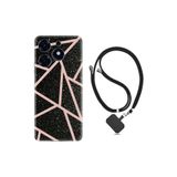 Kılıfland Tecno Spark 10 Pro ile Uyumlu Kılıf, Boyun Askılı, Silikon, Pembe Şeritli Mermer Desenli