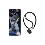 Kılıfland Tecno Spark 10 Pro ile Uyumlu Silikon Kılıf, Boyun Askılı, Astronot ve Dünya Deseni