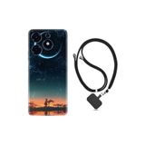Kılıfland Tecno Spark 10 Pro ile Uyumlu Silikon Kılıf, Boyun Askılı, Ay ve Kız Desenli, Siyah