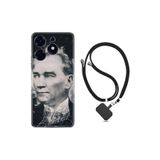 Kılıfland Tecno Spark 10 Pro ile Uyumlu Silikon Kılıf, Boyun Askılı, İpli Desenli, Atatürk Portre, Siyah
