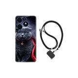 Kılıfland Tecno Spark 10 Pro Uyumlu Kılıf, Silikon, Boyun Askılı, Super Cat Desenli, Siyah