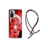 Kılıfland Xiaomi Redmi Note 10S ile Uyumlu Kılıf, Türk Bayrağı Desenli, Silikon, Rasta İpli Boyun Askılı, Kırmızı