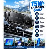 Kılıforyum 15W Kablosuz Şarjlı Araç Içi Telefon Tutucu – Otomatik Kavrama, 90° Dönebilir, Katlanabilir Telefon Uyumlu - Siyah