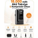 Kılıforyum 18.000mAh Akü Takviye Cihazı ve Hava Kompresörü, 4’ü 1 Arada Taşınabilir Araç Marş Basma Powerbank LED Fener - 18binMahNEwSeri