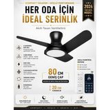Kılıforyum 80 cm Akıllı Tavan Vantilatörü LED Aydınlatmalı | Kumandalı & Telefon Kontrollü, 6 Hız, 3 Işık Rengi, Yaz/kış Modu, Sessiz Motor - Siyah - Siyah