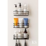 KILINÇ STORE 3’lü Yapışkanlı Metal Banyo Raf Seti – Siyah, Şampuanlık ve Düzenleyici Organizer