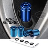 Kilitlemeli Sibop Kapağı Alyanlı Sibop Kapağı Araba Motosiklet Bisiklet Metal Sıkmalı Mavi 4 Lü Set