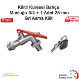 Kilitli Küresel Bahçe Musluğu 3/4'''' + 1 Adet 25 Mm Gri Asma Kil