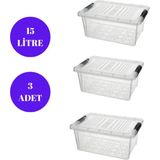 Kilitli Saklama Kabı 15 Litre 3 Adet Şeffaf Tasarım