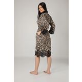 Kimono Leopar Desen Etek Kol Dantel Saten Bayan Sabahlık Siyah S