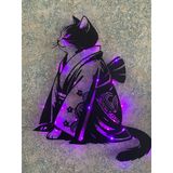 Kimonolu Kedi Pembe Led Işıklı Metal Duvar Dekoru, Japon Kedi Dekoru, Kawaii Anime Duvar Askılığı, Kedi Annesi Hediyesi, 50x40 cm (20x16 inç)