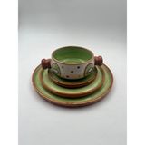 Kimya Ceramics Handmade Seramik Tabak Seti ve Kulplu Kase(Kivi Desenli) - 4' lü