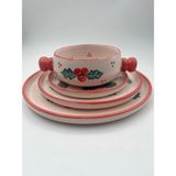 Kimya Ceramics Handmade Seramik Tabak Seti ve Kulplu Kase(Kokinalı) - 4' lü