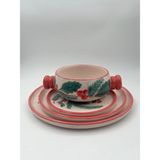 Kimya Ceramics Handmade Seramik Tabak Seti ve Kulplu Kase(Yılbaşı Desenli) - 4' lü