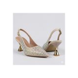 KİNDEP Bono Ayna Taş Detaylı Burnu Kapalı Topuklu Kadın Ayakkabı, Bej, 36 Beden