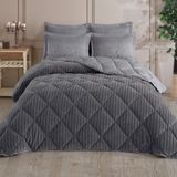 King Size (Battal Boy) Striped Jakarlı Wellsoft Yorgan + 2 Volanlı Yastık Kılıfı - Antrasit