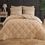 King Size (Battal Boy) Striped Jakarlı Wellsoft Yorgan + 2 Volanlı Yastık Kılıfı - Bej
