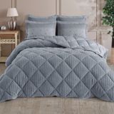 King Size (Battal Boy) Striped Jakarlı Wellsoft Yorgan + 2 Volanlı Yastık Kılıfı - Gri