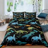 King Size Nevresim Takımı, Mavi Dinozor Nevresim Takımı, Fermuarlı Kapamalı Yatak Seti, Aldults Çocuklar Için Yumuşak Hipoalerjenik Mikrofiber Yorgan - Renkli - 100 x 100 cm