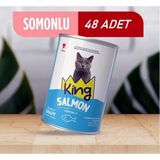 King Sos İçerisinde Et Parçacıklı Somonlu Kedi Konservesi 400 Gr*48 Adet Tahıllı Mama Seçici Kediler İçin İdeal