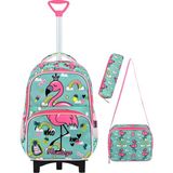 Kingston Hill Flamingo Çekçek 3 Lü Ilkokul Çanta Seti - Sabit Çekçek Mekanizması (Katlanır Ön Ayak) - Mint Yeşili - Kırmızı