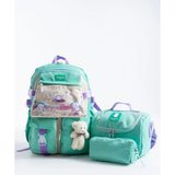 Kingston Hill Kawaii Kore Tarzı Çok Bölmeli Ilkokul Çantası 3 Lü Set (Çanta + Termal Beslenme + Kalemlik) - Yeşil - Bej - 1 Adet