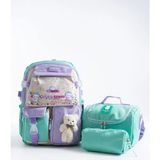 Kingston Hill Kawaii Kore Tarzı Çok Bölmeli Ilkokul Çantası 3 Lü Set (Çanta + Termal Beslenme + Kalemlik) - Yeşil - Mor - 1 Adet