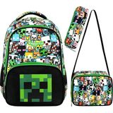 Kingston Hill Mine Creeper Baskılı 3 Lü Set Okul Çantası Yeşil-Siyah Ortopedik Özellikli 40 cm Çanta