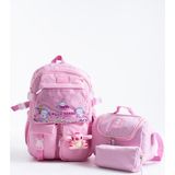 Kingston Hill Stitch Kawaii Kore Tarzı Çok Bölmeli Ilkokul Çantası 3 Lü Set (Çanta + Termal Beslenme + Kalemlik) - Pembe - Tekli