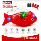Kinku Kırmızı Balık Şarkılı Müzikli Işıklı Sesli Yürüyen Balık 23 cm Pilli Oyuncak Balık Pil Hediyeli