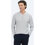 Kip Açık Gri Polo Yaka Jakarlı Yün Karışımlı Triko Kazak - 2XL