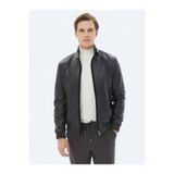 Kip Siyah Regular Fit Dik Yaka Smart Casual Koyun Derisi Deri Mont