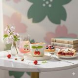 Kiraz Tasarımlı Tabaklı Çay Fincanı - Hediye Seramik Kupa